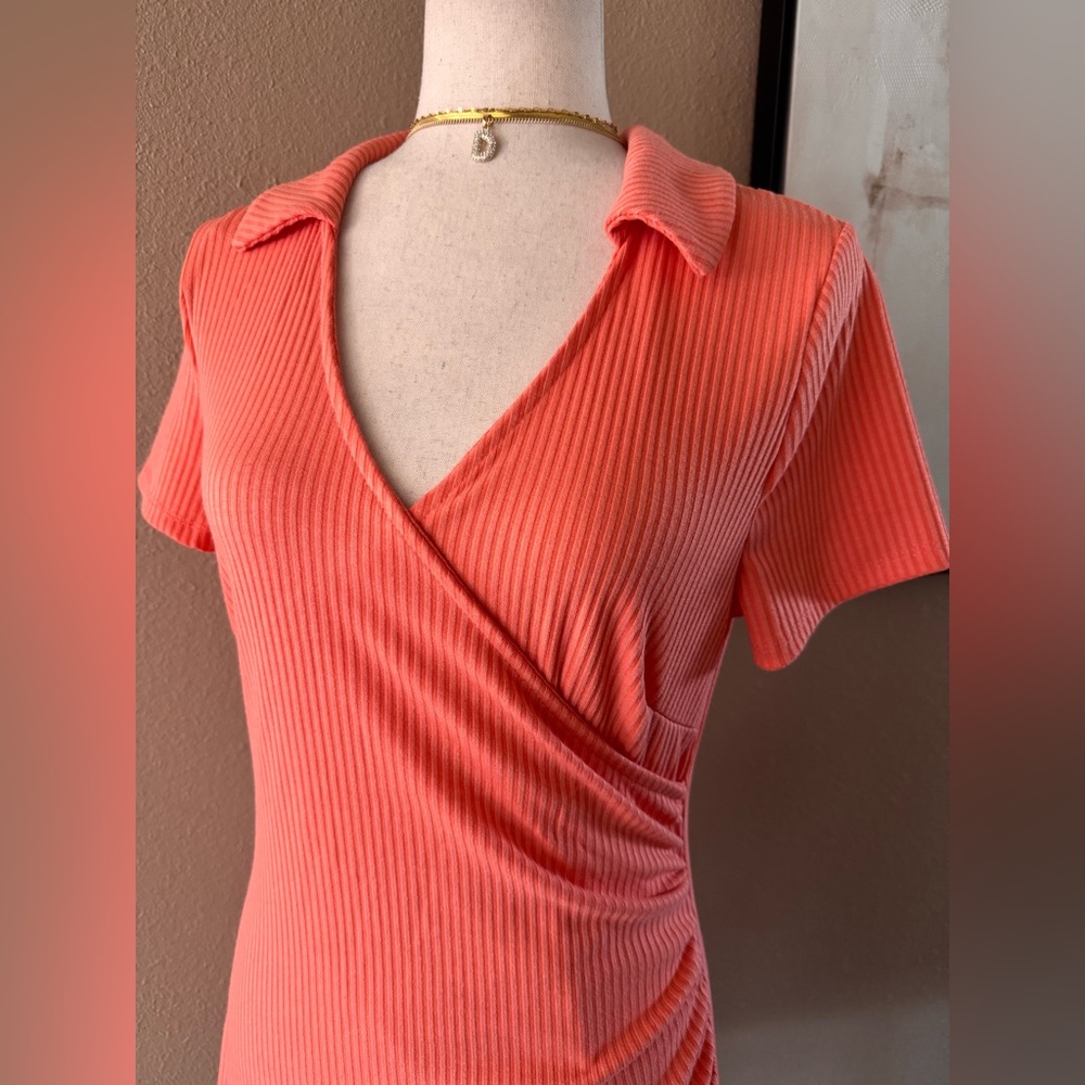 Orange Ribbed Wrap Dress - Picture 9 of 12